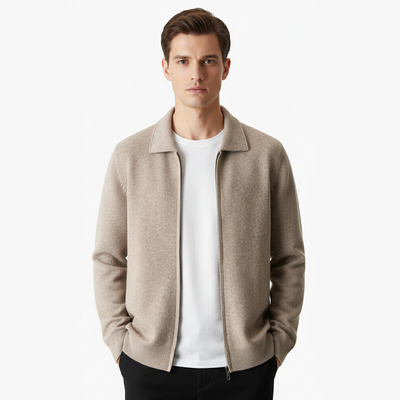 EXTRA-FINE MERINO WOOL ZIP POLO CARDIGAN